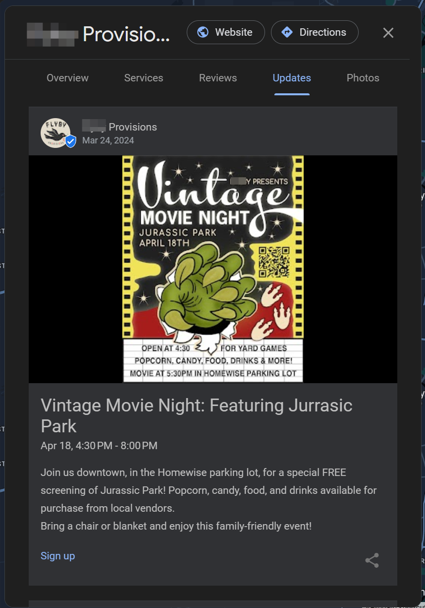 An Event Post shown on the Business Profile of a gift shop in Albuquerque, NM, announcing a local movie night.