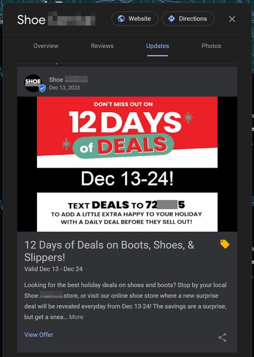 An Offer Post on the Business Profile of a shoe store in Lakeland, FL, announcing pre-Christmas discount days.