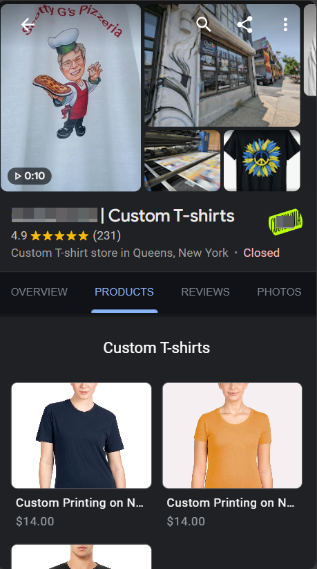 A Business Profile of a T-shirt shop with a Products tab, as viewed on Google Search on a mobile phone.