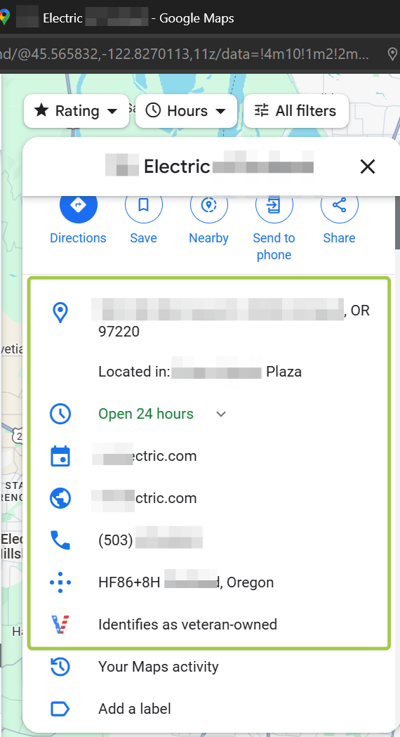 An example business listing on Google Maps reflective of a Google Business Profile that has been claimed and clearly been updated by the business owner with all key information, and more. All key details have been included.