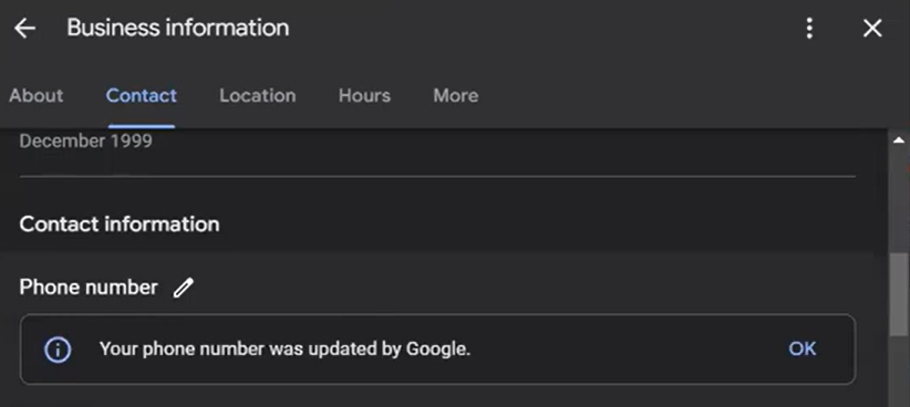 An example business listing on Google Business Profile where Google has automatically updated the phone number.