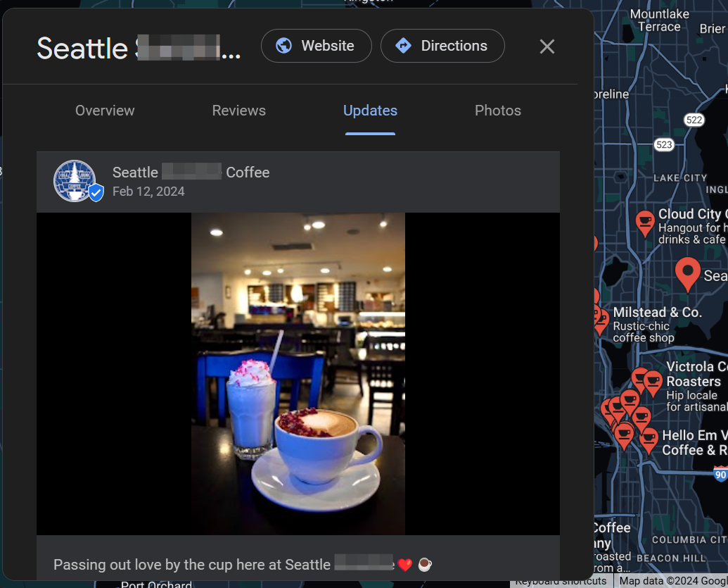 A Post on the Google Business Profile of a coffee shop in Seattle, WA, as seen in Google Search results.