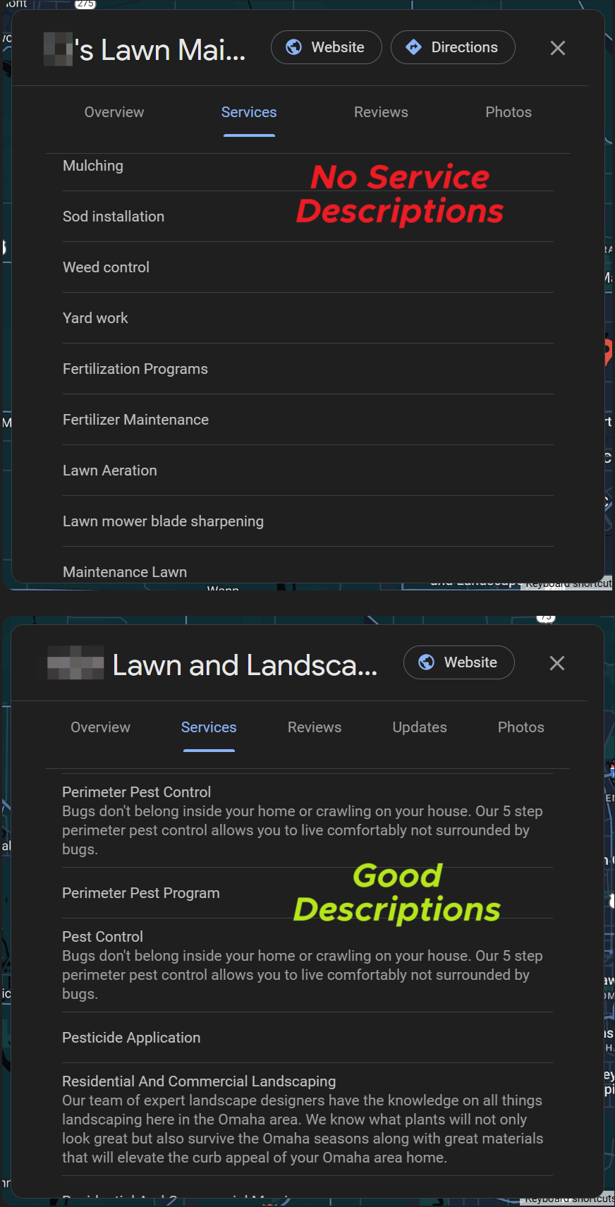 Two business listings on Google Search for lawn-care services that are local competitors in Omaha, Nebraska. One has no descriptions for its services while the other provides very detailed descriptions.